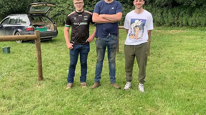 Nick Sweetman, Peter Thompson and Diarmuid Kiely, Carrigaline Macra, who qualified for the All-Ireland Farm Skills competition which will take place at Tullamore Show on August 10th.