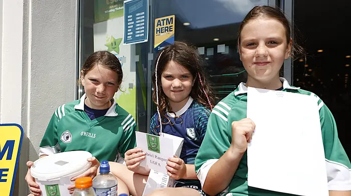 Clockwise from right: Laura, Saoírse and Eabha Ward collecting funds for Gabriel Rangers LGFA in Schull. Oisín O'Mahony; Saoirse Harrington and Brian O'Mahony, all Kilmacsimon, at the farm walk in Ballinadee last Friday. Colm, William and Shane O'Neill from Ballinadee at the farm walk, which took place on the land of  Glenn Forde and his family. (Photos: Carlos Benlayo & Andy Gibson)
