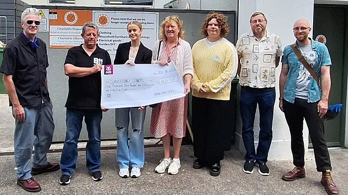 Beara Film Festival presented a cheque for €1,160.55 to Caitriona Twomey of Cork Penny Dinners which was raised from donations on the door at this year's festival. Along with Caitriona Twomey and Ger O'Leary are the winners of Beara Film Festival, Conor Slattery (director/producer), Ger O'Leary(director, Beara Film Festival), Aoife Cremin (actor), Caitriona Twomey (Cork Penny Dinners) and  directors Fionn O'Mahoney, Steven Brockhuizen and Brian Benjamin Dwyer.