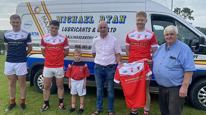 Club sponsor Michael Ryan of Lubricants & Co Ltd presented a new set of jerseys to the Ballinascarthy team. Included are club members Cían Ryan, Connail Cullinane, Fionn Deasy, Ciarán Nyhan and kitman Jack Keane.