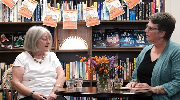 Castletownbere resident Lynda Vicars in conversation with Dorothy Brophy at the launch of Lynda’s latest book, Magnus Morgan and Myra, at Polly’s Bookshop,  Castletownbere.