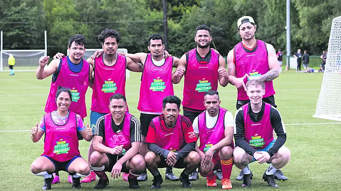 ABP Food Group employees from across Ireland, and one team that travelled from Poland, took part in the third annual Fittest Factory event at the Sports Ground of the University Limerick. Back: Jamilson Campos, Apolinario Adelaide Pereira, Paulino Pereira, Denilson Da Silva Cipriano and Dyego Aquino Bueno (ABP Bandon). Front: Francelina Marques Cabral, Jeronimo De Almeida, Agostinho Mendonca, Anacleto Soares and Dion Dunne (ABP Bandon).     (Photo: Patrick Bolger)
