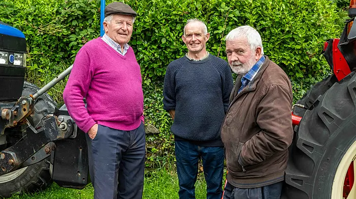 Jerry O'Mahony (Bantry), Gerard O'Callaghan (Beal ná Blath) and Denis O'Donovan (Dunmanway) talking all things tractors before the tractor run held in Ballydehob recently by the Mizen Vintage Club.  (Photo: Andy Gibson)