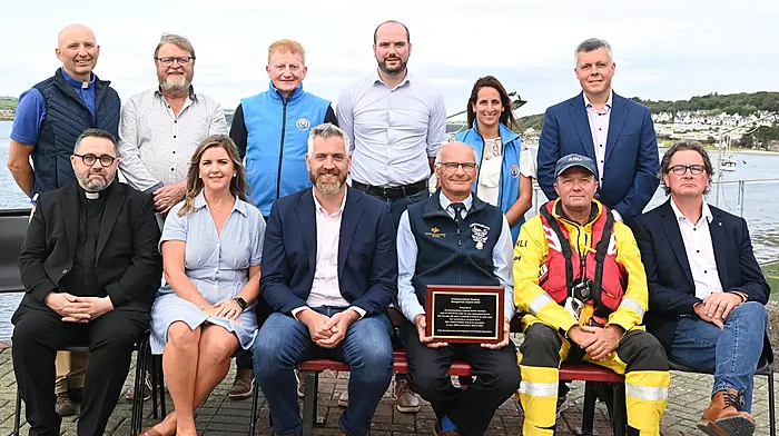At the opening ceremony for the Courtmacsherry Harbour Festival were (front): Fr Fergus Ryan, Cllr Ann Bambury, Christopher O'Sullivan TD, Brian O'Dwyer (RNLI), Dara Gannon (RNLI) and Mike Hanly (chairperson, Courtmacsherry Development Association).  Standing: Rev Kingsley Sutton, Cllr John Collins, Vincent O'Donovan (Courtmacsherry Development Association), Senator Noel O'Donovan, Anat O'Donovan  (festival director) and Cllr John Michael Foley.       (Photo: Martin Walsh)