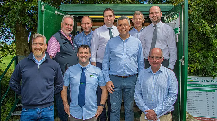 On a visit to Timoleague, Minister Hayden visited the testing station of the Timoleague catchment area.  Back: John O’Brien (chairman, Barryroe Co-op), Sean Deasy (vice-chairman, Co-op), Minister Martin Hayden, Peadar Murphy (CEO, Barryroe Co-op) and Senator Noel O’Donovan.  Front: Minister of State Christopher O’Sullivan, Oisín Coakley (Teagasc), Cllr John Michael Foley and Eddie Burgess (Teagasc).    (Photo: Gearóid Holland)