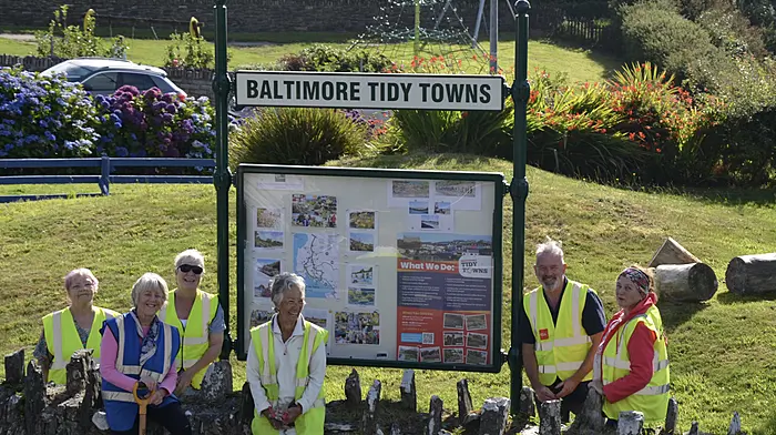 Members of Baltimore Tidy Towns, Valerie Brown, Miriam Nolan, Jonnie Goyer, Judy Naylor, Gwyn Owen and Maureen O'Hanlon, with their new storm-proof noticeboard. Photo courtesy of Jürgen Koch.