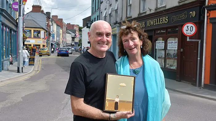 Artist Donagh Carey with Bernadette Burns, former lecturer in fine art at Dublin Institute of Technology and one of the instigators of BA visual arts on Sherkin Island at the opening of the special exhibition celebrating the 25th anniversary of TU Dublin's BA visual art degree on Sherkin at No 66 Bridge Street in Skibbereen last Saturday afternoon.  (Photo: Anne Minihane)
