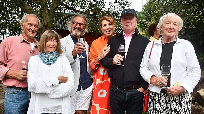 Christine Thery and Gabby Williams (Heir Island), Peter Martin, Grace O'Malley, Jack Coffey and Anne Daly (Castlehaven) at the Cnoc Buí Arts Community Centre’s fundraising summer party in Union Hall last weekend.   (Photo: Anne Minihane)