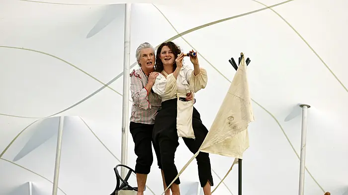 Éidin Griffin and Katy Mullins as the academic and the pirate in Captain Wagtail, who performed at the Fit-Up theatre festival tent in Ballydehob during the week. The festival continues until August 3rd. (Photo: Carlos Benlayo)