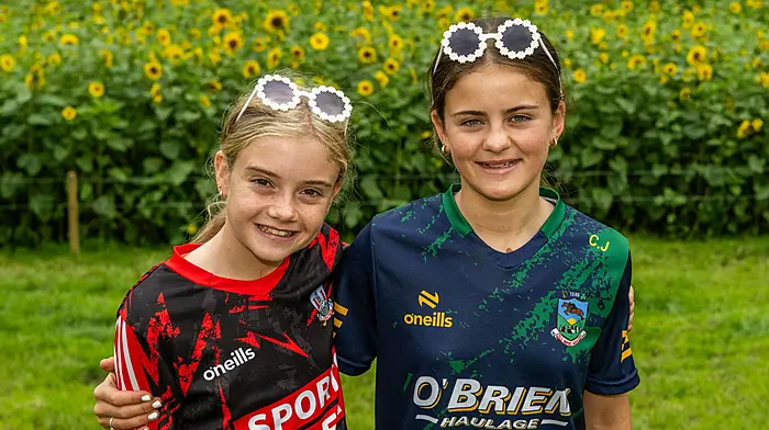 Leap, West Cork, Ireland. 1st Aug, 2025. Kilmacabea GAA Club has planted a field full of sunflowers to raise money for its astro-turf pitch and Cancer Connect. The sunflowers are on sale all weekend. Pictured at the sunflower field are Caoimhe O'Brien and Ciara Jennings from Leap. Picture: Andy Gibson.