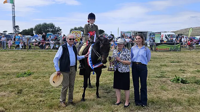 The winner of the champion-led pony competition at the Schull Agricultural Show, Niamh O'Reilly, on Breenybeg Diana with Brian Egan. 
The competition is sponsored by the Egan family, in memory of the late Nuala Egan.



Champion Led Pony Schull Agriculture Show 27th July 2025.

Hello,

Please see attached image of winner of Champion lead Pony., sponsor Egan family in memory of Nuala Egan.

Left to Right,

Brain Egan, Winner Niamh O'Reilly on Breenybeg Diana, Daughter Crier and grand daughter Sadhbh

Kind Regards,

John Walsh