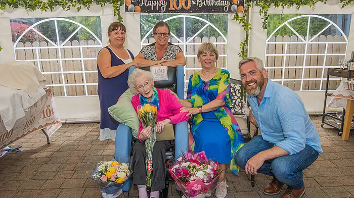 Marie Hurley of Timoleague was surrounded by friends and family including her nieces, Mary O’Sullivan, Carmel Calnan, Ann Walsh and Junior Minister Christopher O’Sullivan as she celebrated her 100th birthday at Care Choice in Clonakilty.