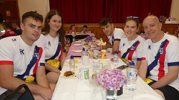 Pictured in Kilbrittan Community Hall after the festival memorial walk are Seán Brady, Niamh Ahern, Oran Brady, Ciara Brady and Christophe Gillain. This group participated in the walk in memory of their much loved and always remembered Oisín Gillain. All proceeds of the walk went to West Cork Rapid Response.