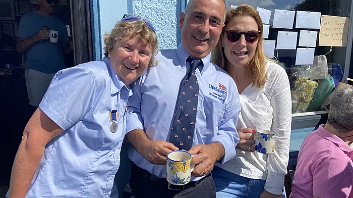 Mary Jacinta Casey of the RNLI fundraising committee, John Kelleher, lifeboat operations manager and Una Gavin attended the U non Hall/Glandore  RNLI Fundraising coffee morning hosted by Patrick, Mary Jacinta and Lawrence Casey, Casey’s Bar.