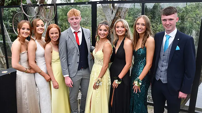 Four sets of twins at Skibbereen Community School Debs Ball: Abbey and Emer Caverley, Anna and Daniel Hurley, Hannah and Becca Sheehy, Kathlyn and Daniel McCarthy before heading off for the celebrations. Photo; Anne Minihane.