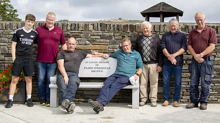 A marble stone commemorative bench was assembled, erected and installed at the entrance to the Black Field community car park last Saturday in honour of Paddy O’Donovan.  Paddy was a community man and was a founding member of the Union Hall RNLI and founder member of the Union Hall Development Association. The bench was donated by the O’Donovan family, Padraic O’Donovan, Alex O’Donovan, John O’Donovan, Dennis O’Donovan, Don O’Donovan, Willie O’Donovan and Johnny Minihane.  (Photo: Andrew Harris)