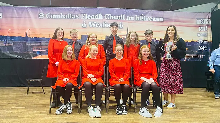 The U15 All-Ireland ceilí band champions at the Fleadh Cheoil in Wexford. Back: Muireann O’Sullivan, Colm Dullea, Sinead Bradfield, Conor Murphy, Clara O’Brien and Odhran McCarthy. Front: April Murray, Eila O’Neill, Clodagh O’Driscoll and Saoirse Kenneally with mentor Aoibheann Queally.