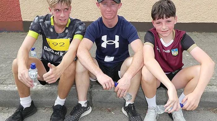 Conor Daly, Jerry O'Donovan and Daniel Cronin relaxing after completing the recent Kilbrittain Festival memorial walk/run.  The proceeds of the event were in aid of the  West Cork Rapid Response.