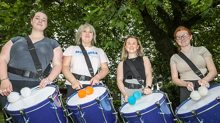 Doireann O'Flynn, Chloe Shine, Caoimhe Murphy and Darcy O'Regan, drummers with the Carrigaline Pipe Band, busy rehearsing at the park in Carrigaline, ahead of the World Pipe Band Championship in Glasgow. (Photo: David Creedon)