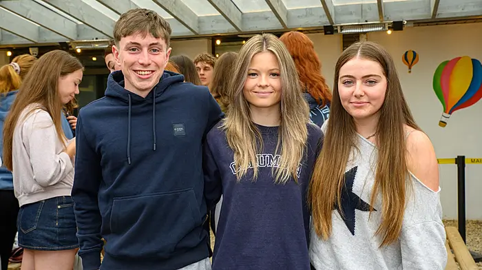 Eoghan Deasy, Ballinhassig; Ellie Coughlan, Kinsale and Isabel Egan, Kinsale celebrating their Leaving Cert results at Kinsale Community School
Picture. John Allen