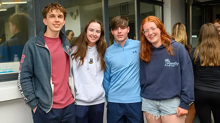 Christian McCarthy, Kinsale; Isabelle Hurley, Kinsale; Ronan Harkin, Kinsale and Fin Hayes, Kinsale celebrating their Leaving Cert results at Kinsale Community School
Picture. John Allen
