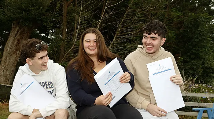 Renato Lynch Lopo from Bantry, Rosie Roe and Evan McCarthy from Ballydehob with their Leaving Certificate exam results at Schull Community College. Photo by Carlos Benlayo