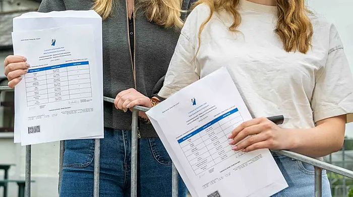 Bandon, West Cork, Ireland. 22nd Aug, 2025. Over 65,000 Leaving Cert students received their results today at schools around the country. Bandon Grammar School students met in the courtyard of the school to share their results with their classmates. Students Jenny Murphy and Jess Grogan from Bandon with their Leaving Cert results. Picture: Andy Gibson.