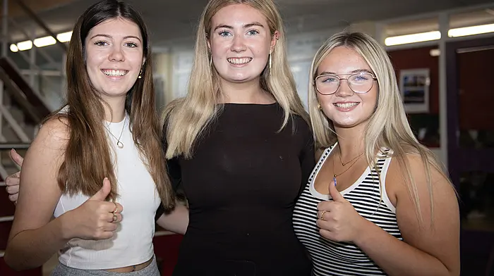 Leaving Certificate students from the Sacred Heart Secondary School , Clonakilty after receiving their results (left to right): Ciara Pettit-Mee, Ardfield, Saoirse Whelton, Tirnanean and Ella McSweeney, Butlerstown.  Photo: Martin Walsh.