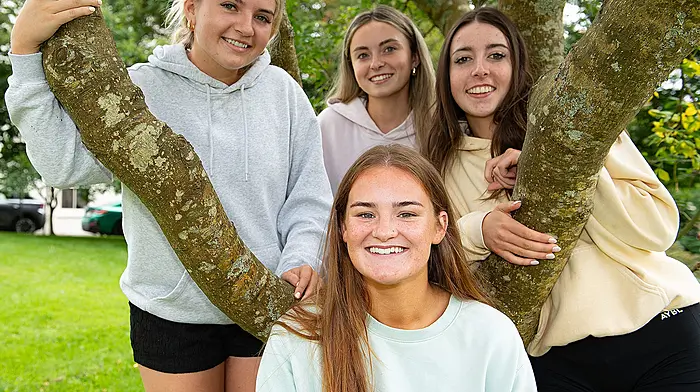 Leaving Certificate students from the Sacred Heart Secondary School , Clonakilty in happy moood after receiving their results (left to right): Meabh O'Sullivan, Timoleague, Sarah Harte, Timolerague and Aoibhinn McKeogh, Lislevane  with (front) Laura Daly, Clonakilty. Photo: Martin Walsh.