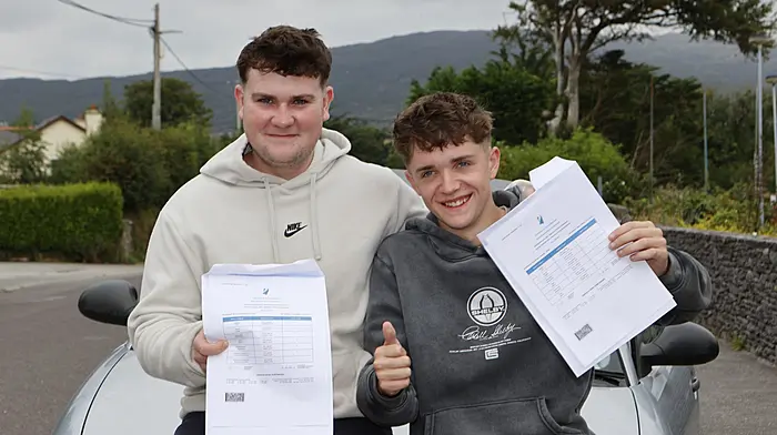 Schull Community College students Joe O'Driscoll, Crookhaven and Billy Kramer, Goleen celebrate getting their Leaving Certificate exam results. Photo by Carlos Benlayo