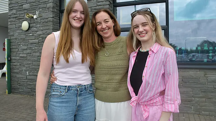Kayla Harrington, Skibbereen and Lisa O'Donovan, Drimoleague pictured with Fiona Ronan, Skibbereen Community School Guidance Counsellor after getting their Leaving Cert results. Photo; Anne Minihane.