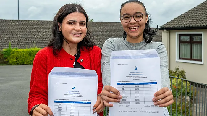 Bandon, West Cork, Ireland. 22nd Aug, 2025. Over 65,000 Leaving Cert students received their results today at schools around the country. Bandon Grammar School students met in the courtyard of the school to share their results with their classmates. Students Sarah Lane, Bandon and Keshia Murphy, Enniskeane with their Leaving Cert results. Picture: Andy Gibson.