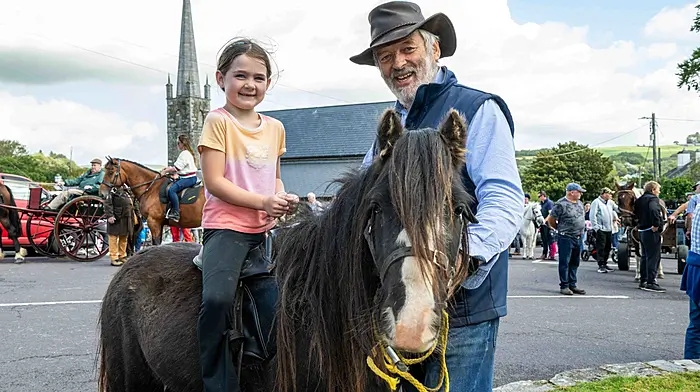 Rosscarbery, West Cork, Ireland. 26th Aug, 2025. The annual Rosscarbery Horse Fair took place today in Rosscarbery town centre, with many people buying and selling horses and ponies. Emily O'Regan from Bandon on Padjoe Connolly's pony 'Frankie'. Picture: Andy Gibson.