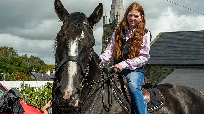 Rosscarbery, West Cork, Ireland. 26th Aug, 2025. The annual Rosscarbery Horse Fair took place today in Rosscarbery town centre, with many people buying and selling horses and ponies. Anna Calnan from Lisavaird with 'Coby' at the fair. Picture: Andy Gibson.