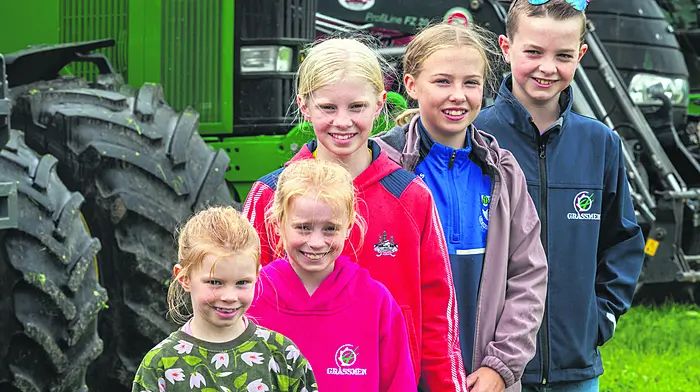 Lined up for a good day were Ailbhe; Etain; Regan O'Driscoll; Éadaoin Collins and Mason O'Driscoll, all from Rossmore at the charity tractor run in Rossmore. Picture: Andy Gibson.