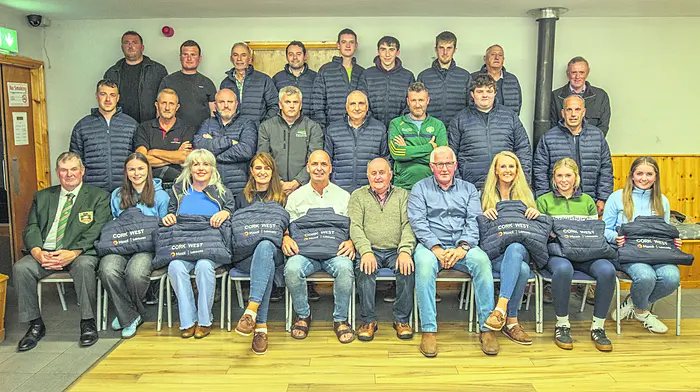 “Tullamore Competitors,” West Cork ploughing competitors and officials and sponsor prior to heading to the All Ireland Ploughing Competition. (Back Row L to R), Leslie Wolfe, Ger Lawlor, Jim Grace, Aidan Grace, Eibhear O’Farrell, James Jennings, Flor Wycherley, John O’Neill, John Wolfe. (Middle Row L to R), Ger Kirby, Kevin O’Driscoll, Mathew Coakley, Leonard Deane, Gordon Jennings, Liam O’Driscoll, Eugene O’Donovan, Michael Wycherley. (Seated L to R), Kieran Keohane, Katie Hayes, Séad Ni Mhaoilmhia, Claire O’Rourke, Michael Ryan (Team Sponsor), Richard White, Barry O’Sullivan, Caroline O’Driscoll, Laoise O’Driscoll and Ellen Nyhan. Missing from the picture, Jer &; Kieran Coakley who are at the World Ploughing in the Czech Republic.