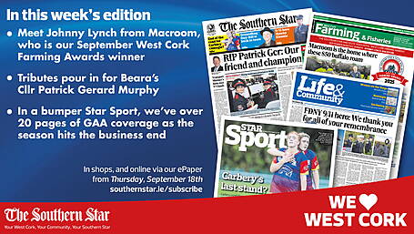 THE SOUTHERN STAR IS IN STORES NOW: Tributes to Beara's Cllr Patrick Gerard Murphy; Kinsale's FDNY Memorial Garden; Over 20 pages of GAA coverage Image