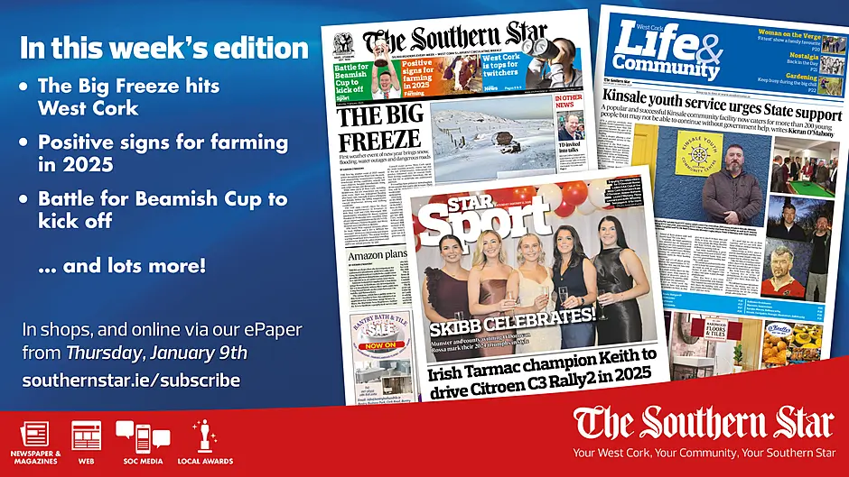 THE SOUTHERN STAR IS IN STORES NOW: The Big Freeze hits West Cork; Positive signs for farming in 2025; Battle for Beamish Cup to kick off Image