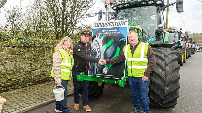Organisers Anne Sheehan (Kilbrittain) and Jim O'Mahony (Kilbrittain) with Colm Conyngham (centre, Bridgestone Ireland, sponsor) at the Kilbrittain tractor run. Proceeds of the run will go towards a state of the art residential centre for autistic adults on the outskirts of Dunmanway.Picture: David Patterson, Tractor Run – Cork