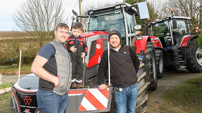 Kevin and Jack Deasy (Aherla) with Shane O'Leary (Newcestown) all took part driving Massey Ferguson tractors at the Kilbrittain tractor run. Proceeds of the run will go towards a state of the art residential centre for autistic adults on the outskirts of Dunmanway.Picture: David Patterson, Tractor Run – Cork
