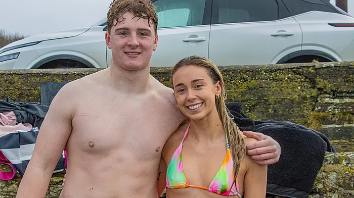 Charlie and Nicole Callanan from Innishannon at Coolmain Beach at a Christmas morning swim in aid of St. Michael’s Centre and Bandon Red Cross. (Photo: Gearoid Holland)