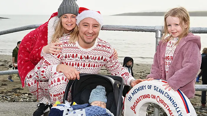 Kerry Pollard, Andrew, Thomas and Kitty-Rose Lynch, all from Harbour View, Kilbrittain, at the annual Christmas Day swim at Broadstrand.    (Photo: Martin Walsh)