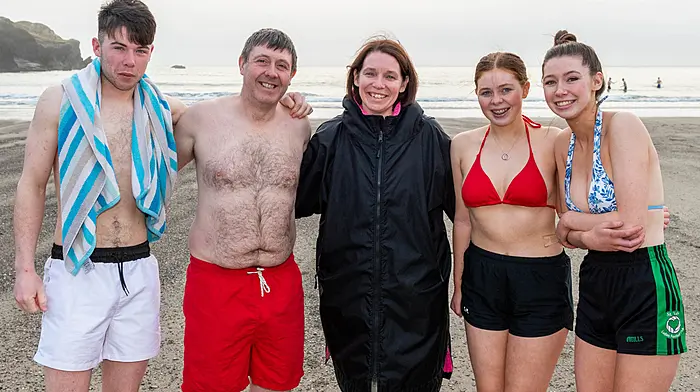 Cathal, Anthony, Jenny,  Eimear, and Caoimhe Dineen from Kilmurry at the Warren Beach swim. (Photo: Andy Gibson)