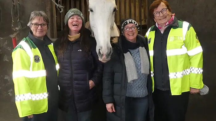At the recent Tullineaskey Equestrian Show, which was held in aid of West Cork Rapid Response, were (from left): Kate Crowley (WCRR), Grace Santry, (Tullineaskey Equestrian Centre), Flint the horse, Hazel Santry (Tullineaskey Equestrian Centre) and Betty Hennessy (WCRR).