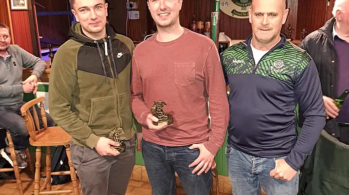 The Doheny GAA club held their annual Poc Fada competition up the Derrinasafa Road on St Stephen’s Day.  The winners were Darren Kelly and the Murphy brothers, Tom and Bill. The club thanked Fachtna McCarthy who organises the event annually. From left: Bill Murphy, Tom Murphy and Fachtna McCarthy. Darren Kelly is missing from the photo.