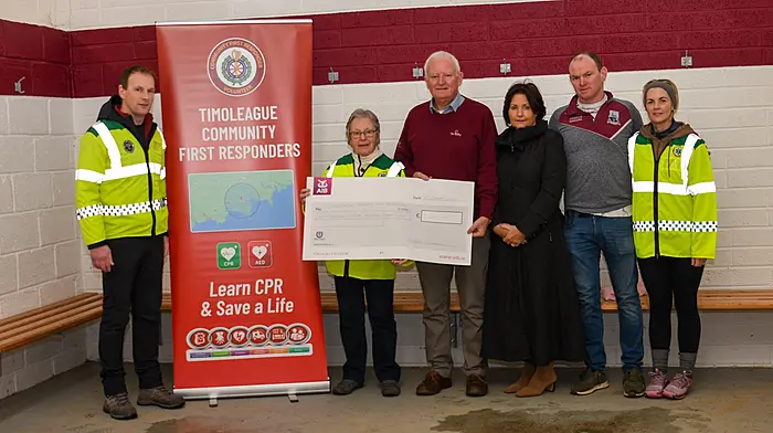Argideen Rangers GAA club presented the proceeds of their Poc Fada competition to Timoleague Community First Responders. At the presentation event were (from left): Eamonn Barry, Margaret Anderson, Declan Cullinane, Angela O'Donovan, Cathal Dineen and Nicola Barry.