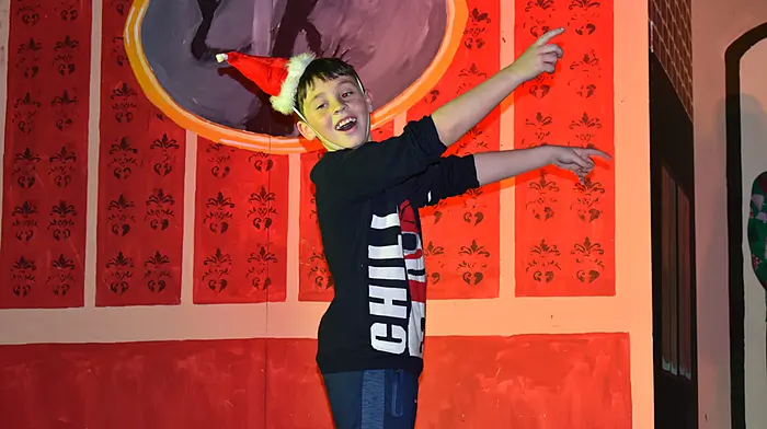 First year Schull Community College student Daniel O’Sulllivan warming up the audience with his classmates for the annual Schull Community College panto “A Christmas Carol”.