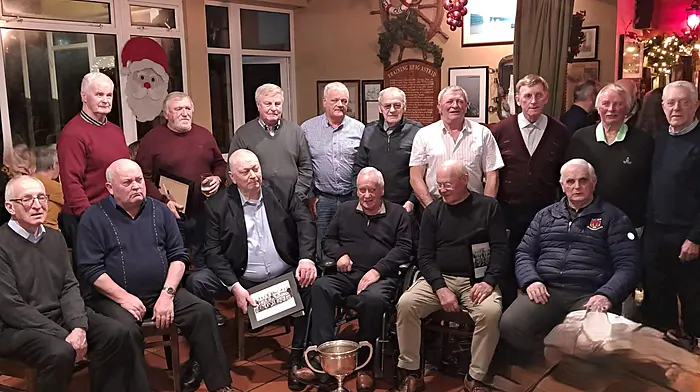 The presentation to the 1974 Courcey Rovers Carbery hurling champions took place at the 50th anniversary celebration at the Speckled Door.  Back (from left): Donal O’Donovan, Gerard Collins, Miah Collins, Pat Sweetnam, Pj Minihane, Teddy Nyhan, Andrew Hannon,  John Nyhan and Martin Nolan. Front (from left): Vincent Crowley,  John O’Brien, Jerry Deasy, Jimmy McCarthy, Mick Murphy and John O’Donovan. Missing from the photo are Teddy Harrington (captain), Billy Nyhan, Tadhg O’Mahony, Oliver Crowley, Jimmy Nyhan (RIP), Anto Crowley and selectors Brendan Murphy (RIP), Pete O’Donovan (RIP) and Paddy Fitzgerald.