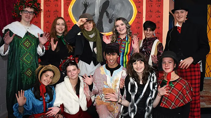 Some of the Transition Year cast of the Schull Community College Christmas panto, this “A Christmas Carol.” Back (l-r) Jamie O’Mahony, Leire Araoillas Lozano, Archer Little, Caitlin O’Reilly, Frankie Masarati, Mattias Cogan. Front (l-r) Chloe Anne O Callaghan, Emily Sheehan, Damian Williams, Olivia Killeen, Maria Schlotterbeck.