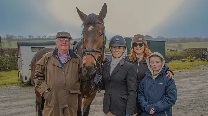 Kevin, Audrey, Niamh and Hazel Downey from Ballinhassig, with their horse Kara at the Killeady hunt. (Photo: Gearoid Holland)